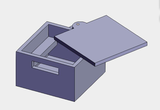 3D model of a small open box with a hinged lid and a slot on one side, the enclosure for the EEG board