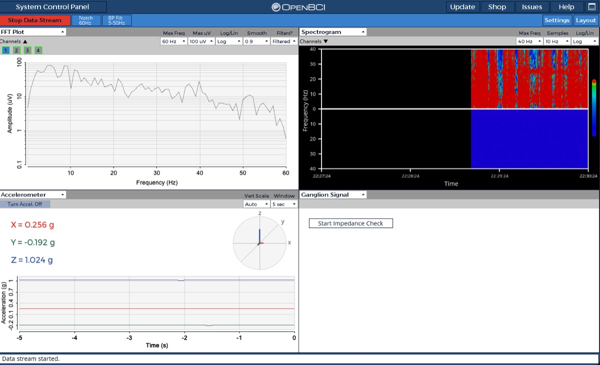 OpenBCI software screen from the pilot, showing an FFT plot, a spectrogram and accelerometer traces