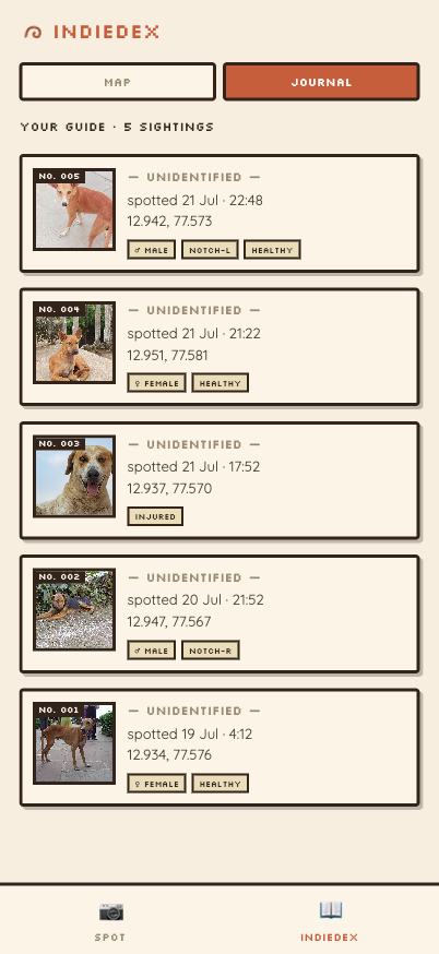 The IndieDex journal screen, listing a contributor's sightings